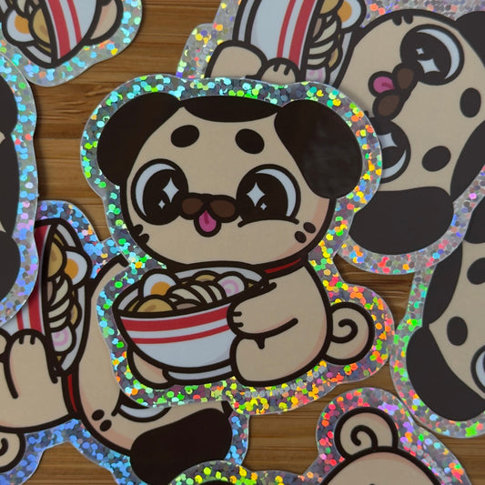 sticker of a cartoon pug eating ramen
